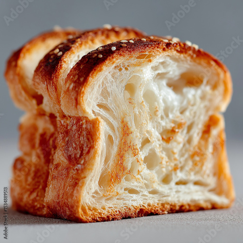 Single slice of golden brown toasted bread on plain white background, perfect for breakfast themes, bakery promotions, or food styling stock images with clean minimal composition