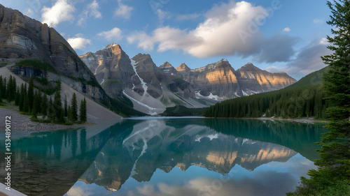 Scenic view of moraine lake with mountains reflecting on the water under a cloudy sky in banff canada