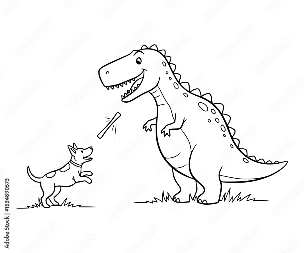 Fototapeta premium Dinosaur playing fetch with dog