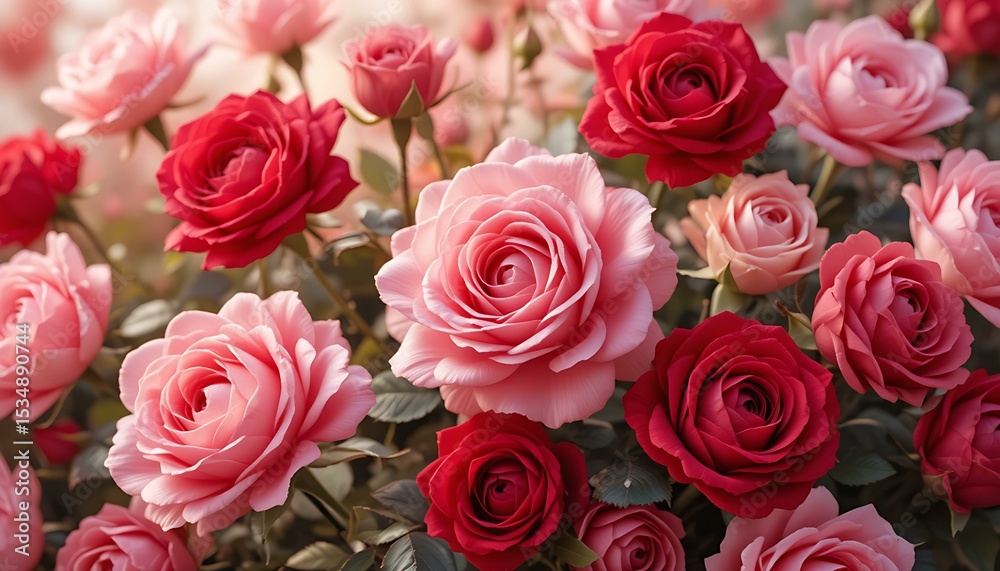 Obraz premium Elegant Close-Up of Blooming Pink and Red Roses – Romantic Floral Background for Love, Nature, and Beauty Themes