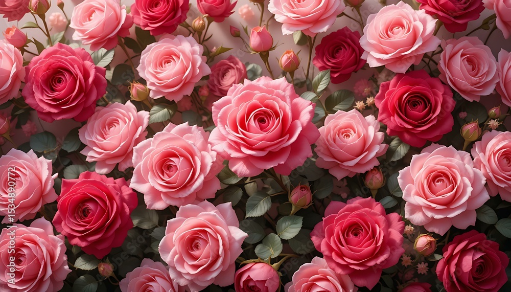 Obraz premium Elegant Close-Up of Blooming Pink and Red Roses – Romantic Floral Background for Love, Nature, and Beauty Themes