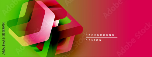 Abstract geometric shapes overlap, creating vibrant color gradients. Green transitions to orange, then red. Modern design element.