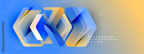 Abstract geometric shapes overlap, creating dynamic visual effect. Blue, orange hues blend smoothly. Modern design element.