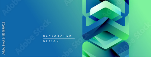 Abstract gradient background. Hexagonal shapes overlap creating modern design. Blue transitions to vibrant green hues. Text reads background design.