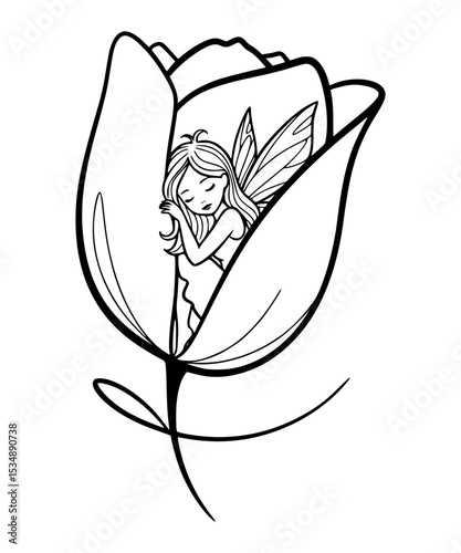 Fairy sleeping in a tulip