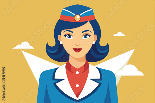 Flight attendant in uniform with cheerful expression against bright background