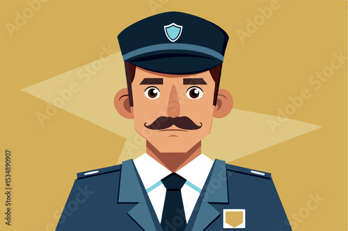 Digital illustration of a police officer with a mustache and uniform in a stylized design