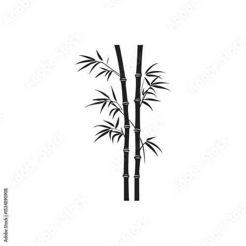 Silhouette of Two Bamboo Stalks with Leaves on a White Background