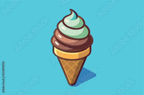 Swirled ice cream cone with chocolate and mint flavors on bright background