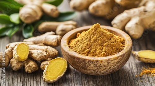 Close-up of vibrant ginger root and powder, natural culinary spice concept