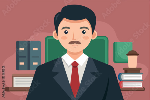Professional man in suit and tie stands in office setting with books and file folders in background