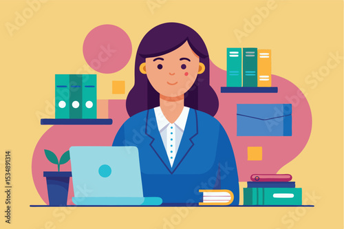Professional woman working at her desk with books and plants
