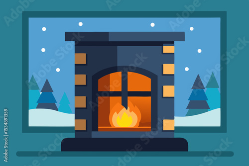 fireplace glowing in rustic living room with snow .svg