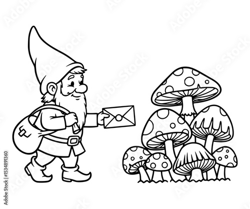 Gnome delivering mail to mushrooms