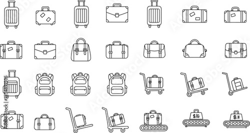 Travel luggage icon set, backpack, suitcase, trolley, airport conveyor belt, line style vector, baggage, travel equipment illustration