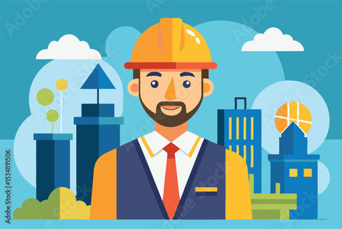 Construction worker in safety gear posing against a modern city skyline during daylight hours