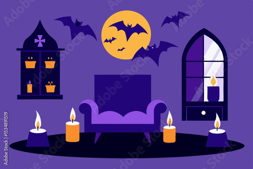 halloween decorated living room with bats and cand 
