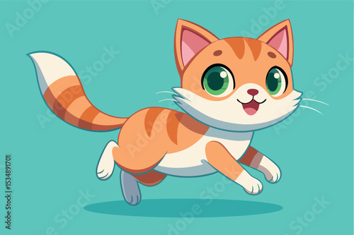 Playful orange tabby cat joyfully jumping against a bright turquoise background