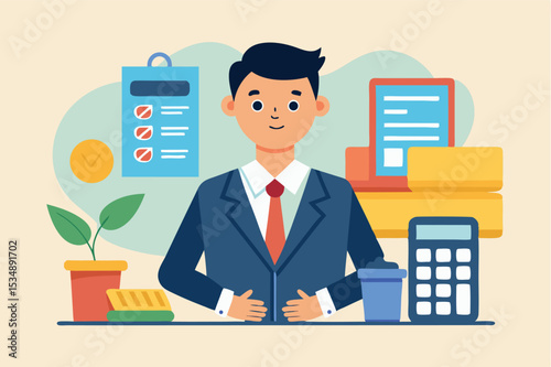 Businessman in formal attire working at a desk with office supplies and plants during a productive workday