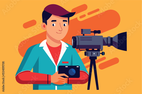 Young man capturing moments with a camera in a vibrant studio setting