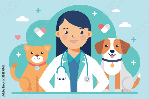 Veterinarian caring for pets in a colorful, cheerful environment with a cat and dog