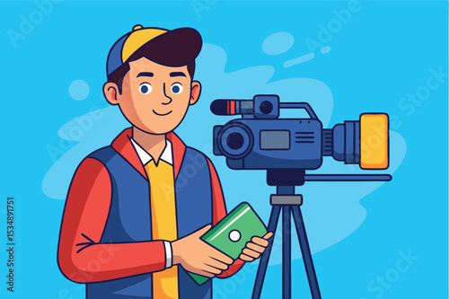 Young videographer sets up camera for a project in bright studio environment
