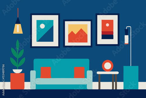 living room wall gallery with framed modern art 