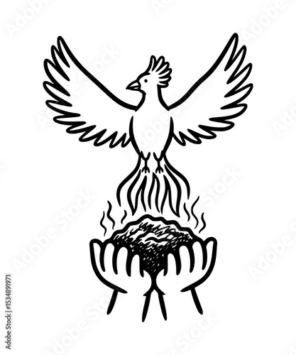 Phoenix rising from ashes in child's hands