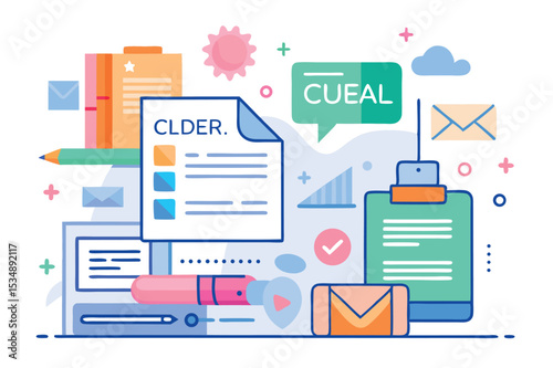 Digital workspace with colorful stationery and communication elements for remote work tasks