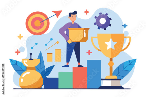 Celebrating success with trophies and achievements in a colorful graphic setting