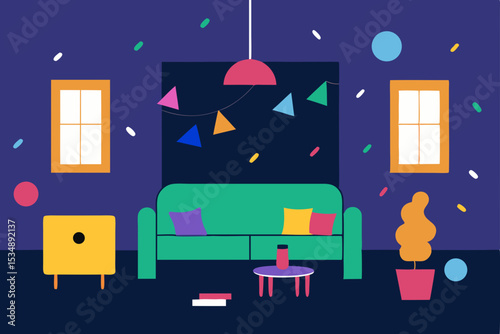 new year party living room with confetti and light