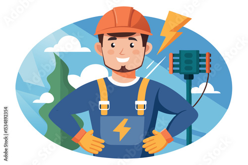 Electrician working cheerfully in outdoor setting with tools and equipment in bright daylight