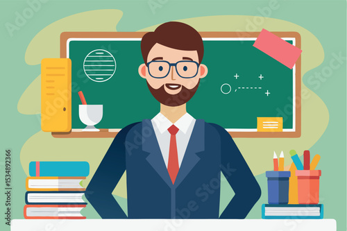 Teacher at classroom desk with books and supplies in educational setting