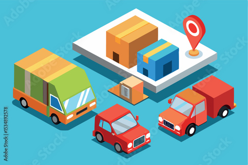 Colorful delivery trucks and packages on a map indicating location
