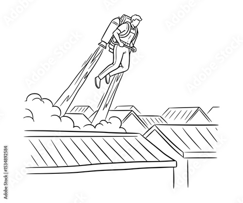 Soaring over rooftops with jetpack