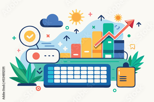 Colorful digital workspace with growth metrics and symbols of communication