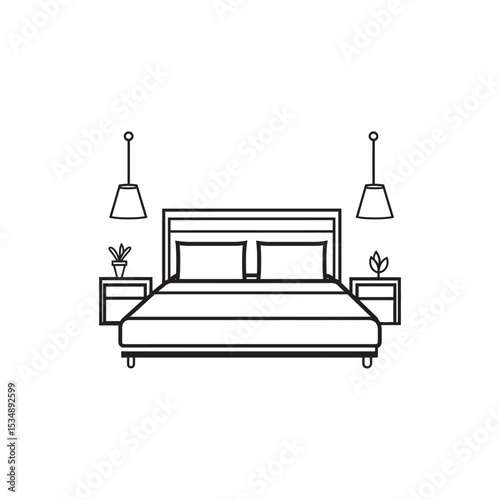Simple Bedroom Line Art Bed, Nightstands, Lamps, and Plants Illustration