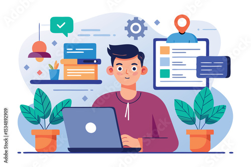 Young man working on laptop in modern office with plants