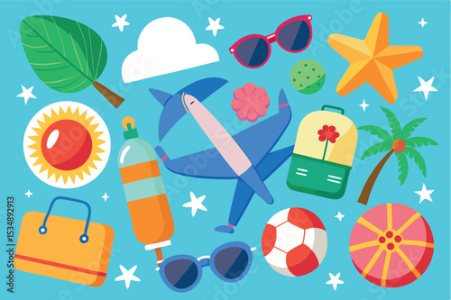 Summer vacation items including airplane, beach ball, and sunglasses arranged on a blue background