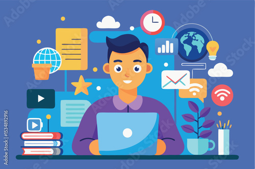 Person working on a laptop surrounded by digital icons and books in a creative workspace