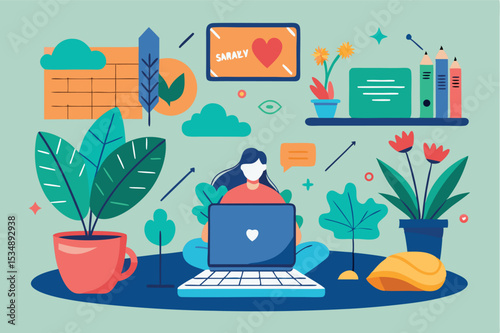 Creative workspace with plants and technology fostering productivity and inspiration during the day
