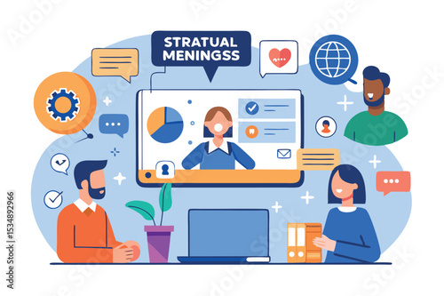 Online team collaboration during a virtual meeting focusing on data analysis and project updates in a modern workspace