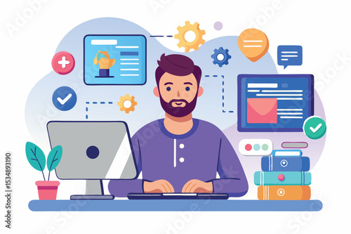 Young man working at a desk with computer and digital tools