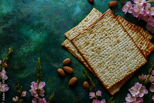 A photo of traditional matzah arranged in flat lay style on a vibrant green background, decorated with pink flowers and a variety of nuts, showcasing festive and cultural elements.