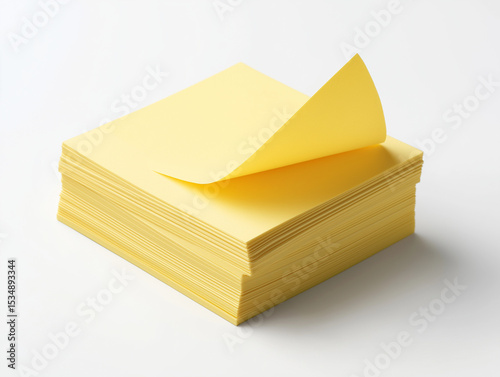 stack of yellow sticky notes with one peeled off placed on clean white background simple and essential reminder tool perfect for office supplies visuals or stationery product ads 