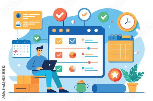 Digital workspace featuring a man managing tasks with a laptop and organizing tools in a colorful and motivating environment