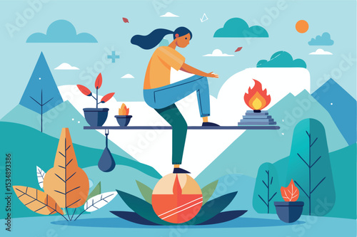 Balancing on a natural landscape while meditating near fire in a serene setting
