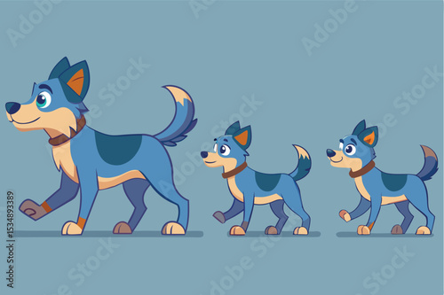 Cartoon dogs walking in different sizes on a blue background
