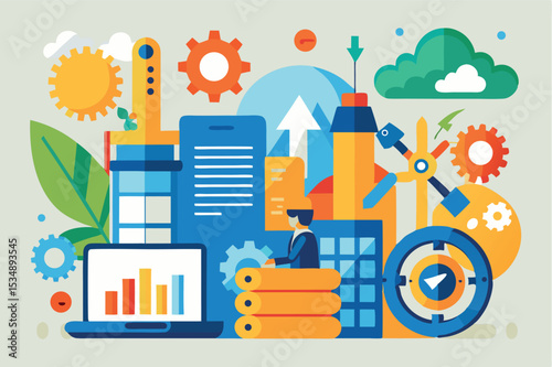 Colorful vector illustration showcasing business analytics tools and concepts in a modern workplace environment