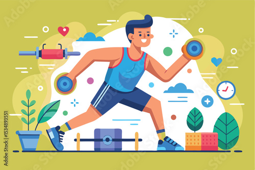 Young man exercising with dumbbells in a colorful gym setting to promote fitness and health